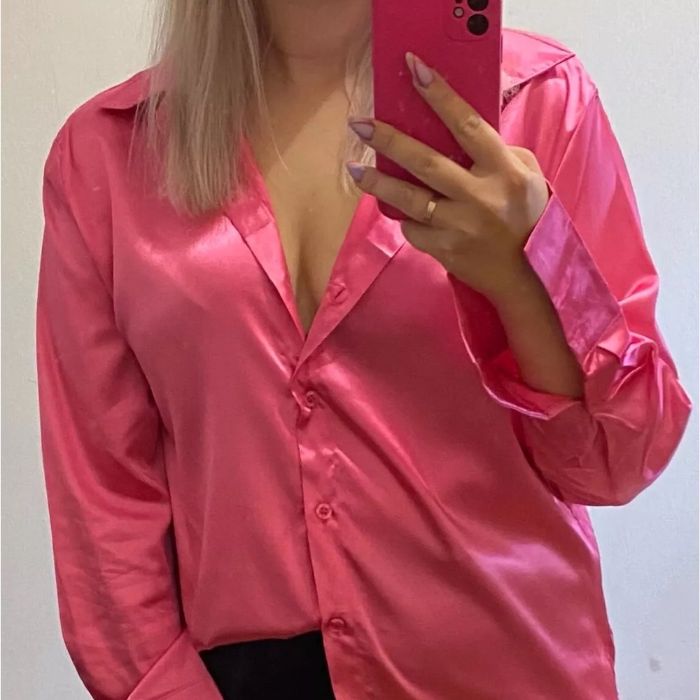 Satin shirt button collar top long sleeve Barbie pink silky womens NWT NEW - Picture 5 of 5